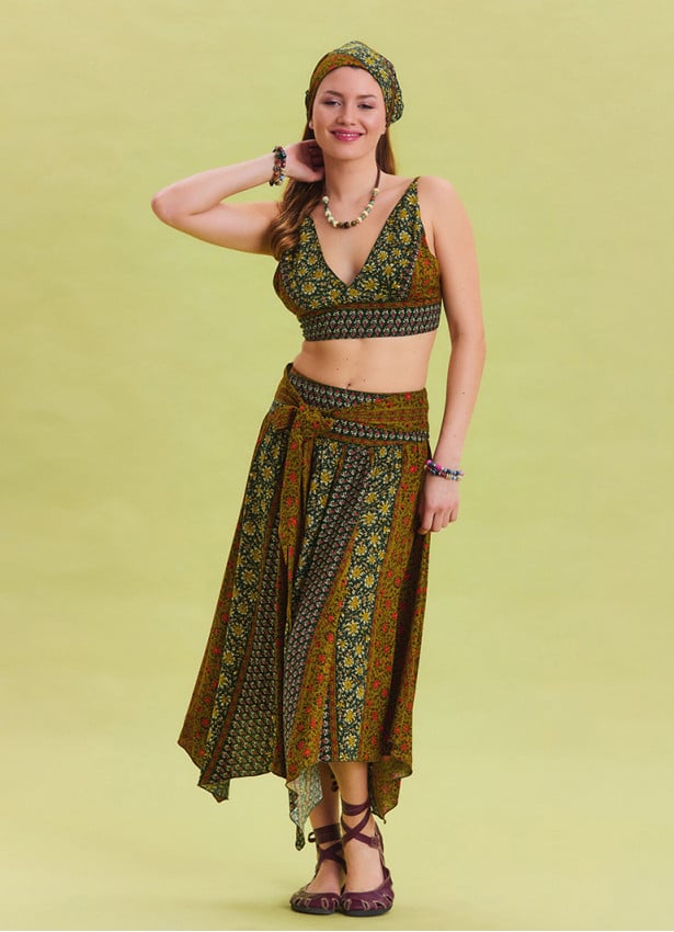 Green Patterned Asymmetrical Skirt with Gipe Detail and Tied Waist 4503